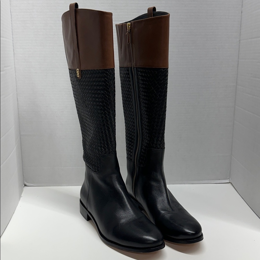 Cole Haan Brennan Riding Boots Tall Side Zip Braided Leather Black Brown Size 8 - Picture 5 of 9